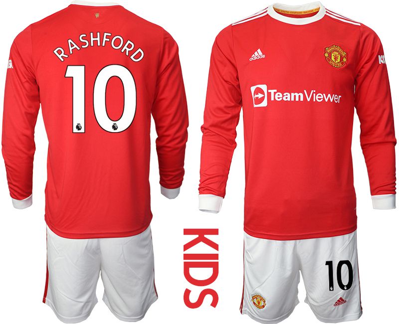 Youth 2021-2022 Club Manchester united home red Long Sleeve #10 Soccer Jersey